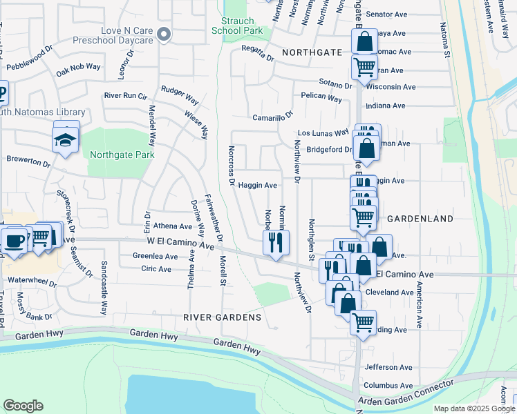 map of restaurants, bars, coffee shops, grocery stores, and more near 2732 Nordlund Way in Sacramento