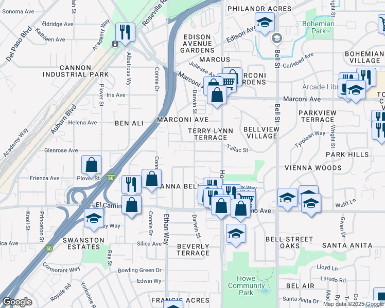 map of restaurants, bars, coffee shops, grocery stores, and more near 2100 Bluebird Lane in Sacramento