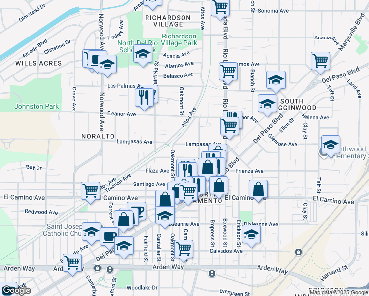 map of restaurants, bars, coffee shops, grocery stores, and more near 2598 Oakmont Street in Sacramento