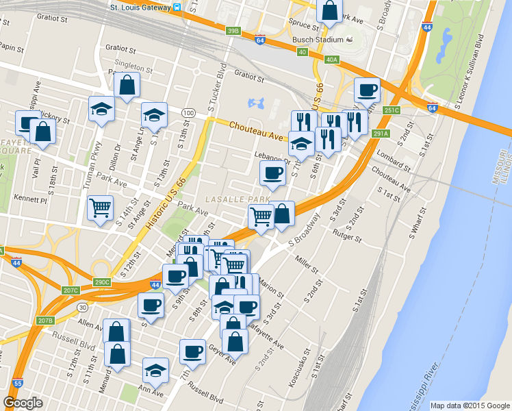 map of restaurants, bars, coffee shops, grocery stores, and more near 1246 South 8th Street in St. Louis