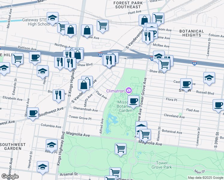 map of restaurants, bars, coffee shops, grocery stores, and more near 2019 Alfred Avenue in St. Louis