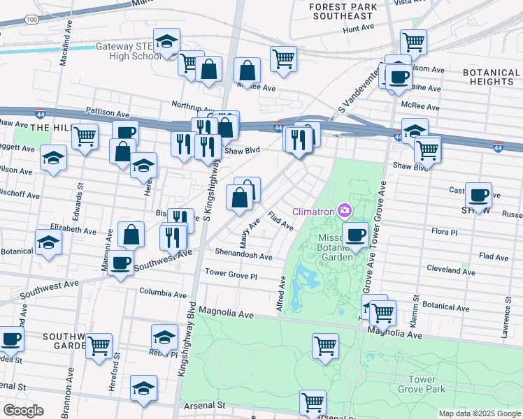 map of restaurants, bars, coffee shops, grocery stores, and more near 2103 Maury Avenue in St. Louis