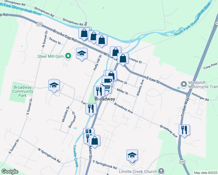 map of restaurants, bars, coffee shops, grocery stores, and more near 153 North Main Street in Broadway