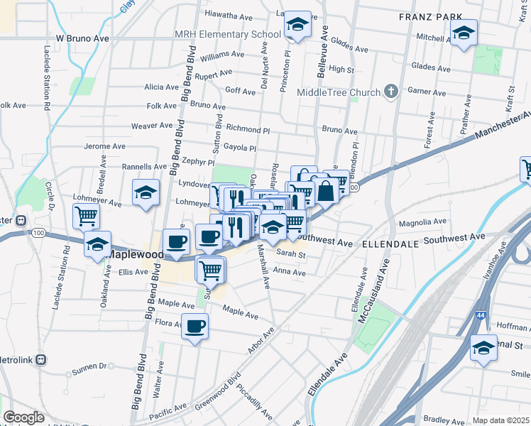 map of restaurants, bars, coffee shops, grocery stores, and more near 2629 Roseland Terrace in St Louis