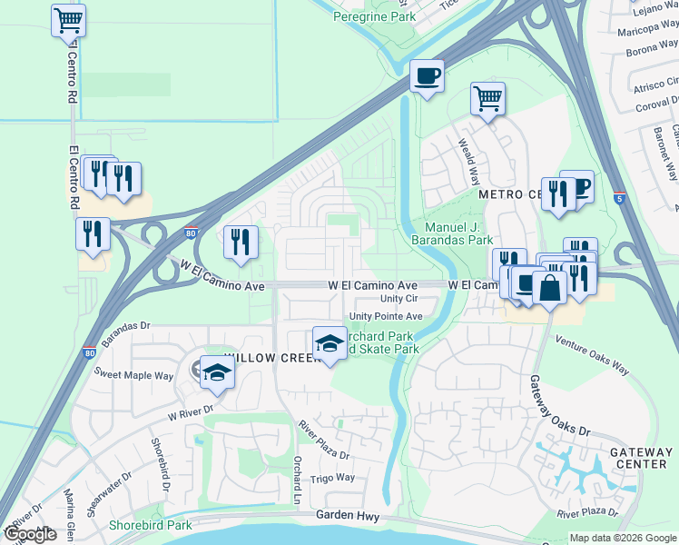 map of restaurants, bars, coffee shops, grocery stores, and more near 2677 North Cove Drive in Sacramento
