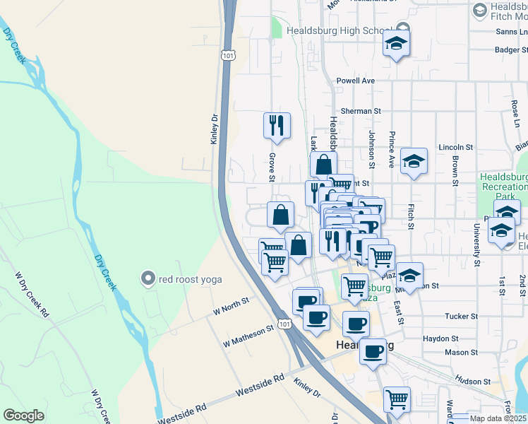 map of restaurants, bars, coffee shops, grocery stores, and more near 245 Foss Creek Circle in Healdsburg