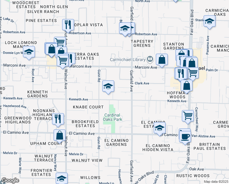 map of restaurants, bars, coffee shops, grocery stores, and more near 2720 Larry Lane in Carmichael