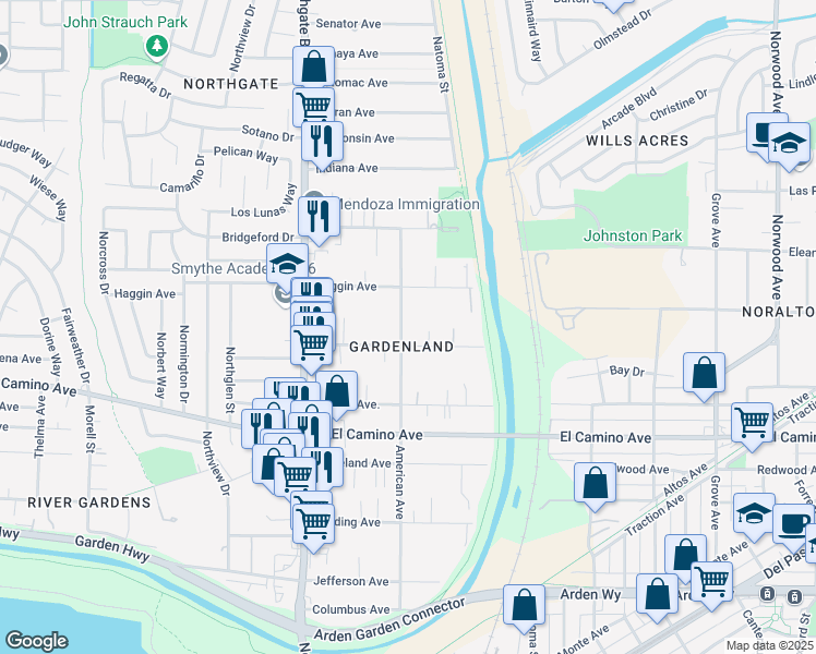 map of restaurants, bars, coffee shops, grocery stores, and more near 2714 American Avenue in Sacramento