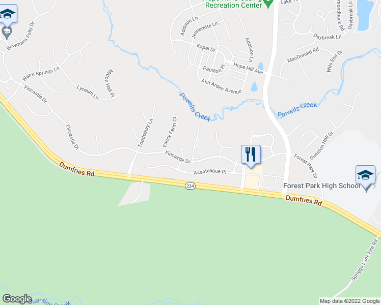 map of restaurants, bars, coffee shops, grocery stores, and more near 15632 Three Otters Place in Manassas