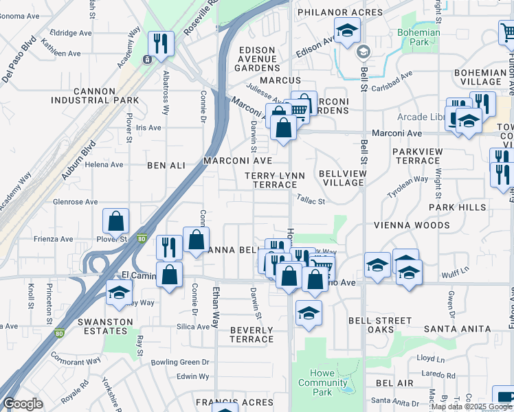 map of restaurants, bars, coffee shops, grocery stores, and more near 2100 Bluebird Lane in Sacramento