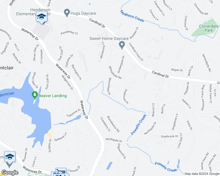 map of restaurants, bars, coffee shops, grocery stores, and more near 15589 Bloomfield Drive in Woodbridge