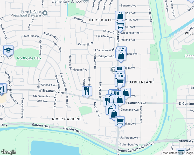 map of restaurants, bars, coffee shops, grocery stores, and more near 2710 Northview Drive in Sacramento