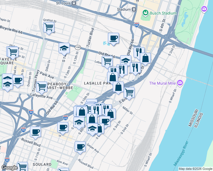 map of restaurants, bars, coffee shops, grocery stores, and more near 1246 South 8th Street in St. Louis