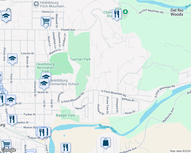 map of restaurants, bars, coffee shops, grocery stores, and more near 502 Hidden Acres Road in Healdsburg