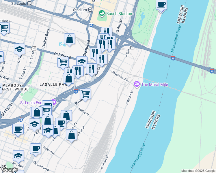 map of restaurants, bars, coffee shops, grocery stores, and more near 1211 South 2nd Street in Saint Louis