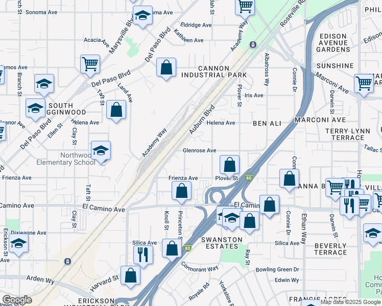 map of restaurants, bars, coffee shops, grocery stores, and more near 1618 Glenrose Avenue in Sacramento