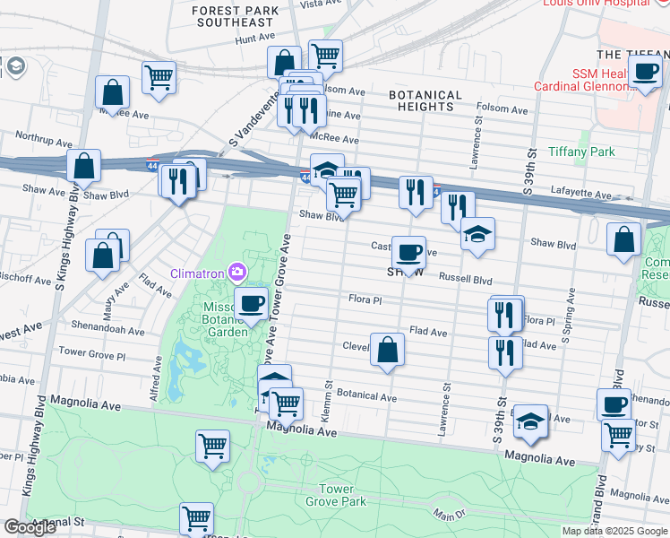 map of restaurants, bars, coffee shops, grocery stores, and more near 4208 Russell Boulevard in St. Louis