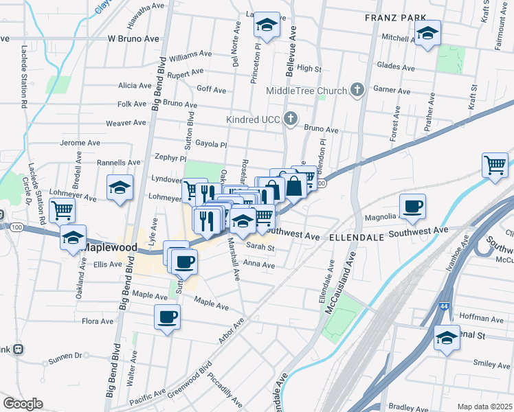 map of restaurants, bars, coffee shops, grocery stores, and more near 2625 Hope Avenue in St. Louis