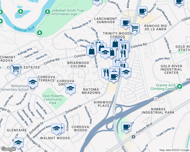 map of restaurants, bars, coffee shops, grocery stores, and more near 2330 Vehicle Drive in Rancho Cordova
