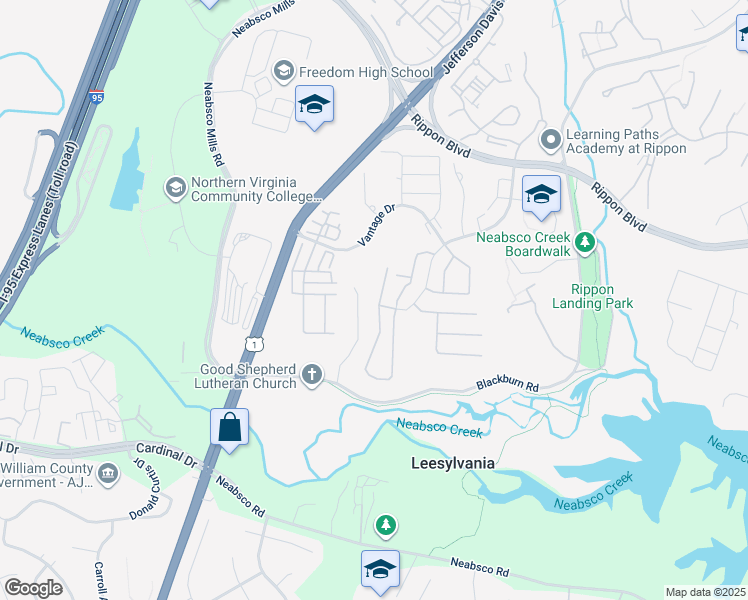 map of restaurants, bars, coffee shops, grocery stores, and more near 15534 Exmore Court in Woodbridge