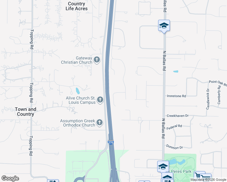 map of restaurants, bars, coffee shops, grocery stores, and more near 12533 Ridgemoor Lake Court in St. Louis