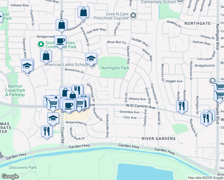 map of restaurants, bars, coffee shops, grocery stores, and more near 2779 Glen Arven Way in Sacramento