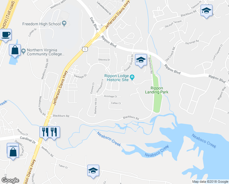 map of restaurants, bars, coffee shops, grocery stores, and more near 2245 Henry Watts Loop in Woodbridge