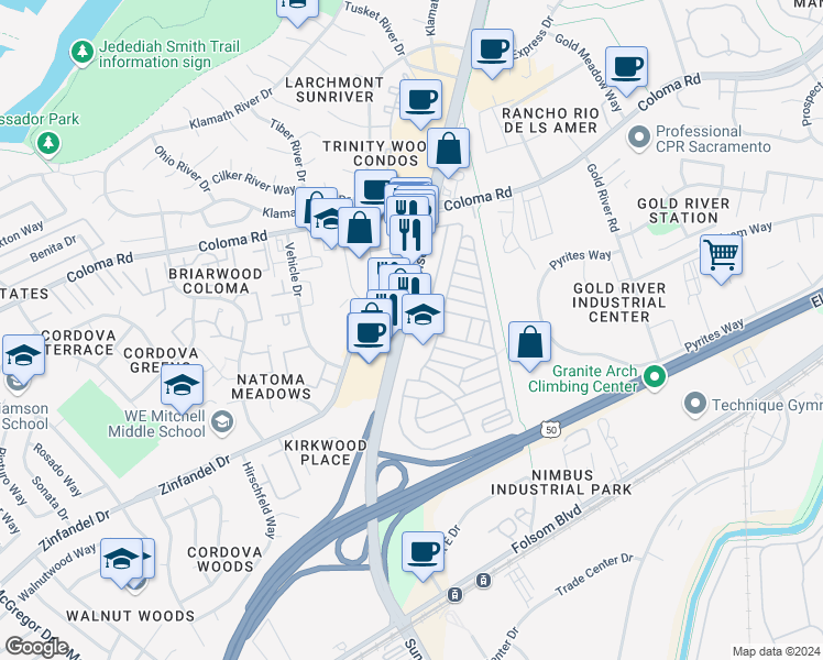 map of restaurants, bars, coffee shops, grocery stores, and more near 2475 Sunrise Boulevard in Rancho Cordova