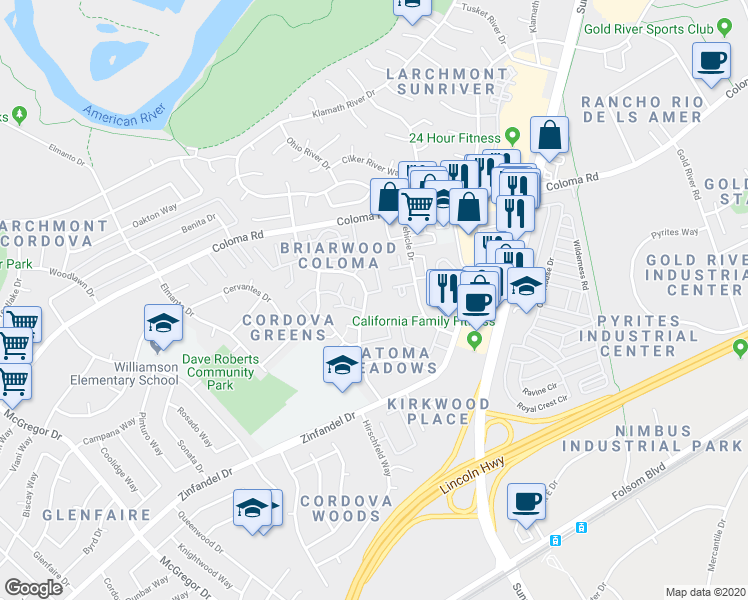 map of restaurants, bars, coffee shops, grocery stores, and more near 2372 Filmore Lane in Rancho Cordova