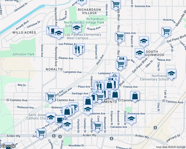 map of restaurants, bars, coffee shops, grocery stores, and more near 2598 Oakmont Street in Sacramento