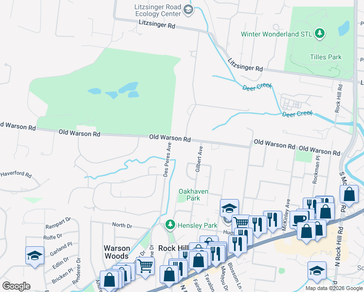 map of restaurants, bars, coffee shops, grocery stores, and more near 9792 Old Warson Road in St. Louis