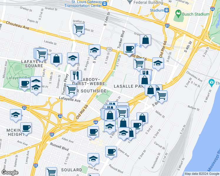 map of restaurants, bars, coffee shops, grocery stores, and more near 1341 South 11th Street in St. Louis