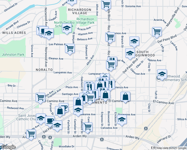 map of restaurants, bars, coffee shops, grocery stores, and more near 784 Lampasas Avenue in Sacramento