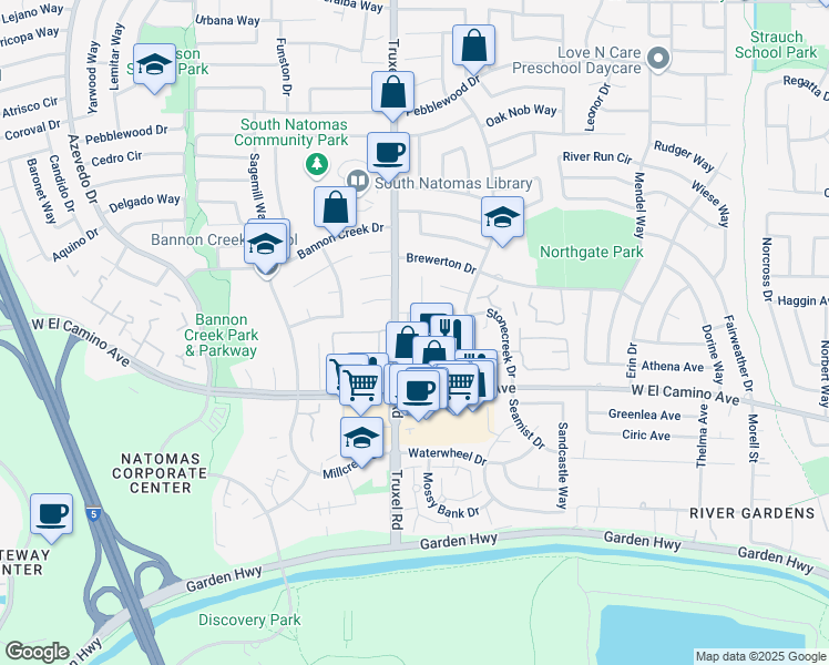 map of restaurants, bars, coffee shops, grocery stores, and more near 1588 Newborough Drive in Sacramento