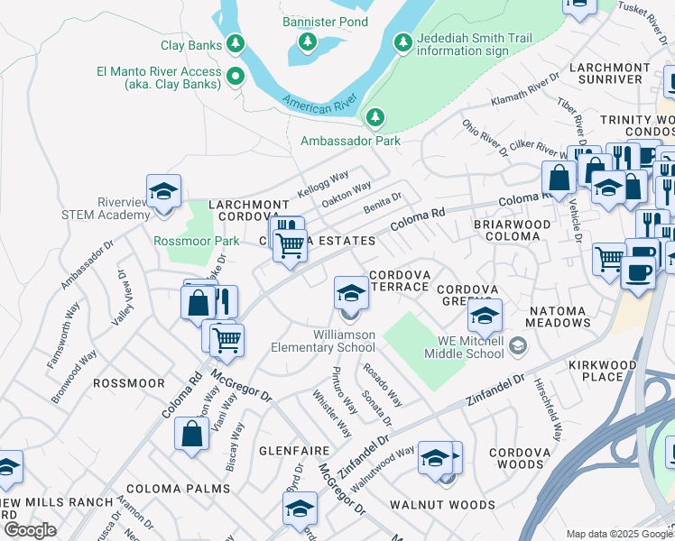 map of restaurants, bars, coffee shops, grocery stores, and more near 10780 Coloma Road in Rancho Cordova