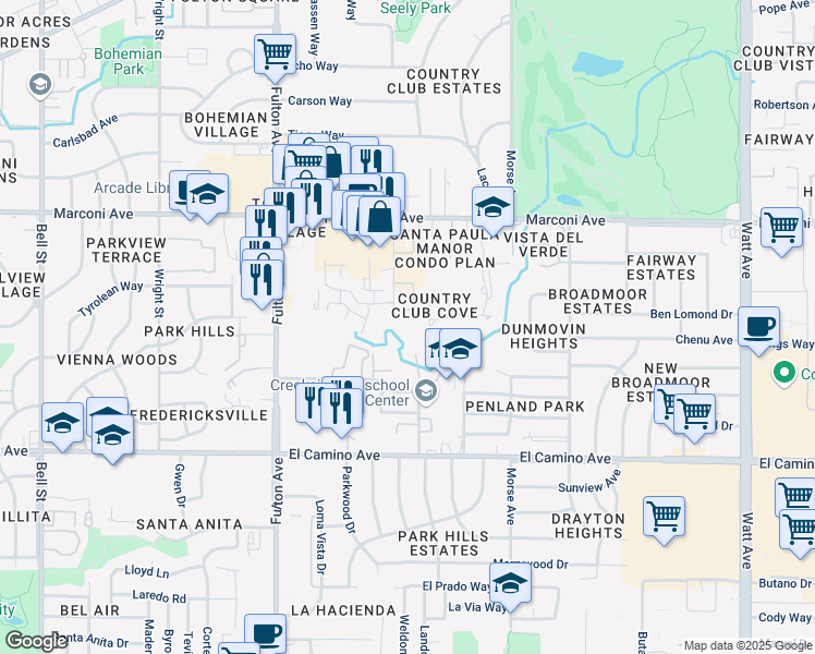 map of restaurants, bars, coffee shops, grocery stores, and more near 2760 Corabel Lane in Sacramento