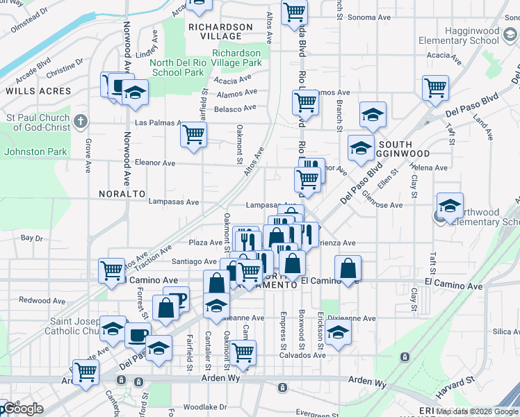 map of restaurants, bars, coffee shops, grocery stores, and more near 784 Lampasas Avenue in Sacramento