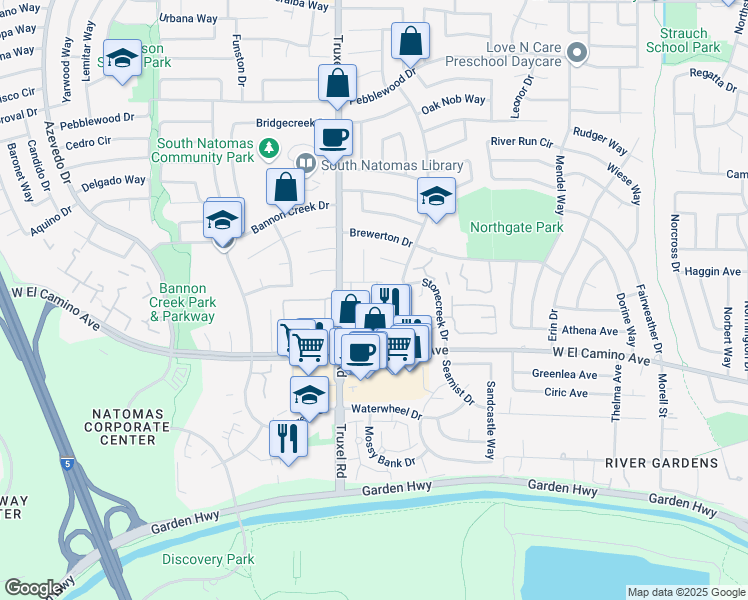 map of restaurants, bars, coffee shops, grocery stores, and more near 1588 Newborough Drive in Sacramento