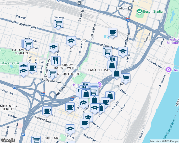 map of restaurants, bars, coffee shops, grocery stores, and more near 1341 South 11th Street in St. Louis