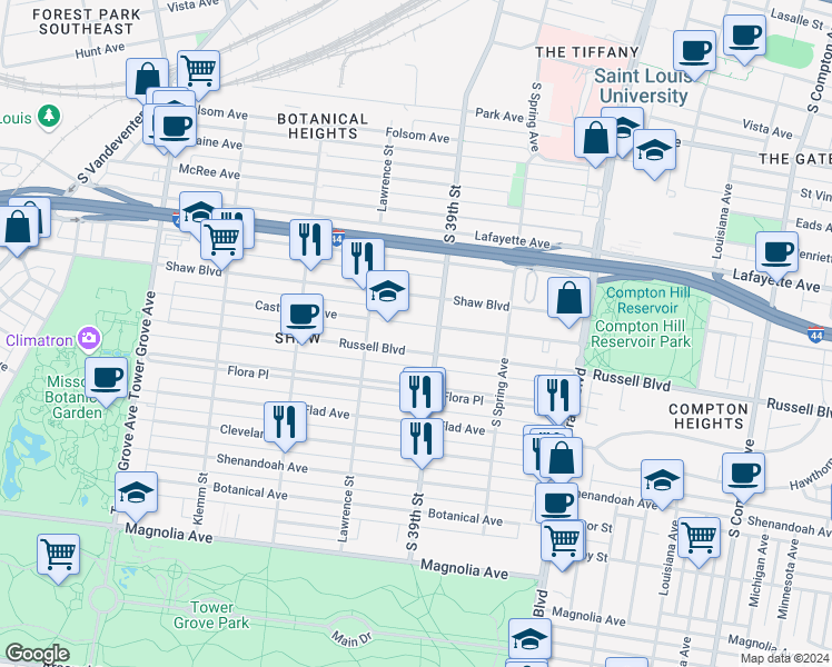 map of restaurants, bars, coffee shops, grocery stores, and more near 3910 Castleman Avenue in St. Louis