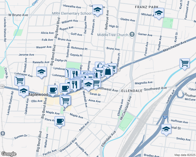 map of restaurants, bars, coffee shops, grocery stores, and more near 2627 Hope Avenue in Maplewood