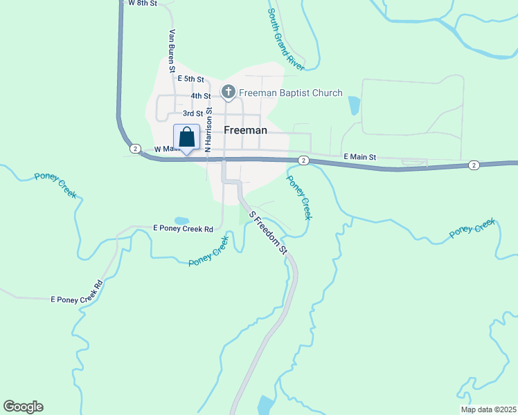 map of restaurants, bars, coffee shops, grocery stores, and more near 303 Oak Street in Freeman