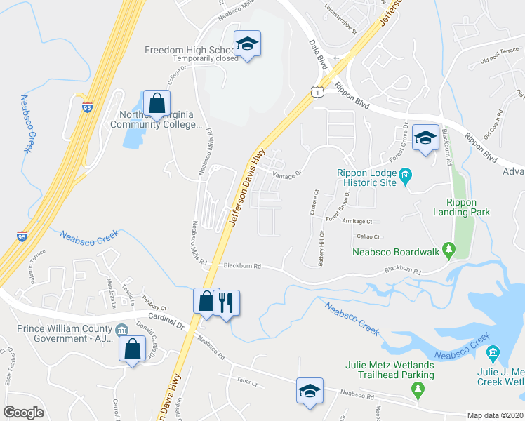 map of restaurants, bars, coffee shops, grocery stores, and more near 15592 John Diskin Circle in Woodbridge