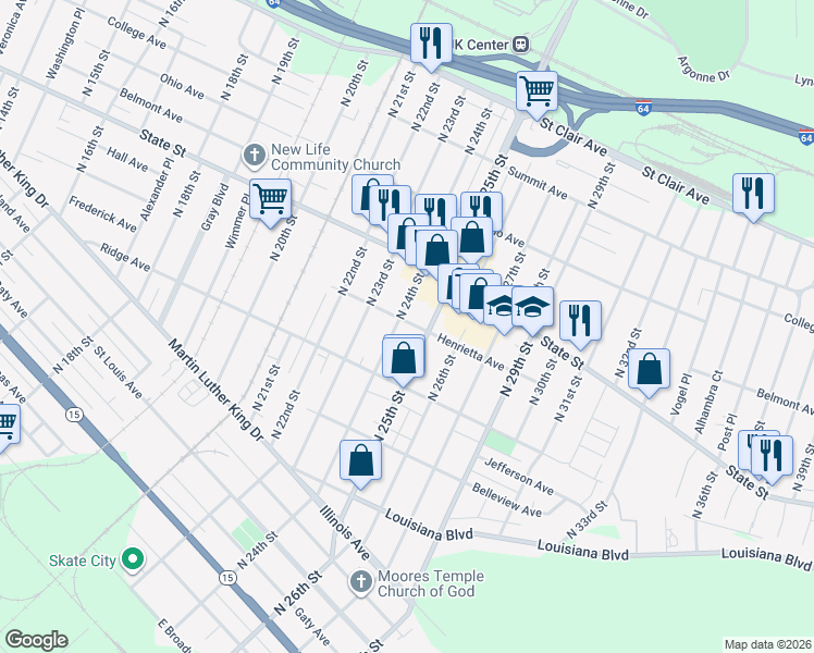 map of restaurants, bars, coffee shops, grocery stores, and more near 542 North 24th Street in East St. Louis
