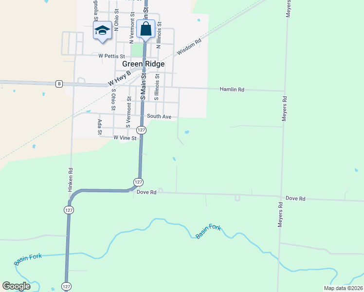 map of restaurants, bars, coffee shops, grocery stores, and more near 31802 Rice Lane in Green Ridge