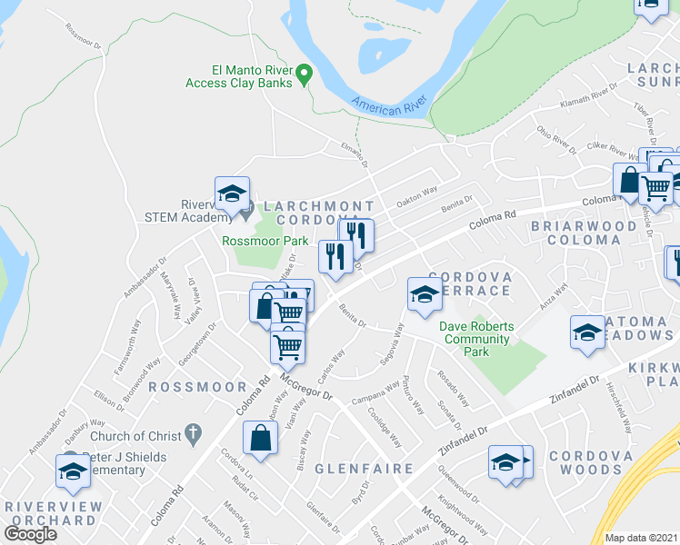 map of restaurants, bars, coffee shops, grocery stores, and more near 2183 Benita Drive in Rancho Cordova