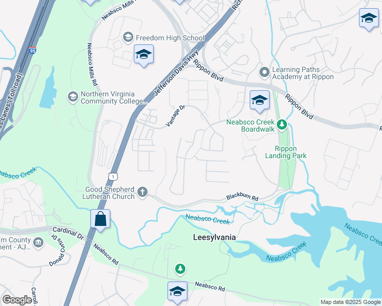 map of restaurants, bars, coffee shops, grocery stores, and more near 15655 Horseshoe Lane in Woodbridge