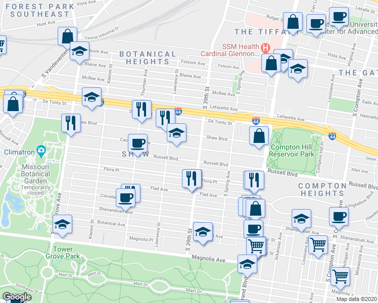 map of restaurants, bars, coffee shops, grocery stores, and more near 3910 Castleman Avenue in St. Louis