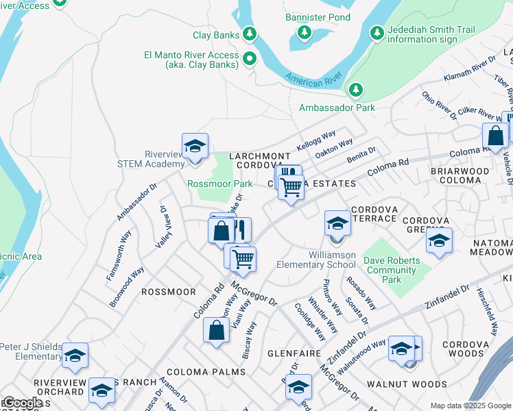 map of restaurants, bars, coffee shops, grocery stores, and more near 2168 Benita Drive in Rancho Cordova