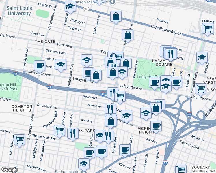 map of restaurants, bars, coffee shops, grocery stores, and more near 2620 Lafayette Avenue in St. Louis